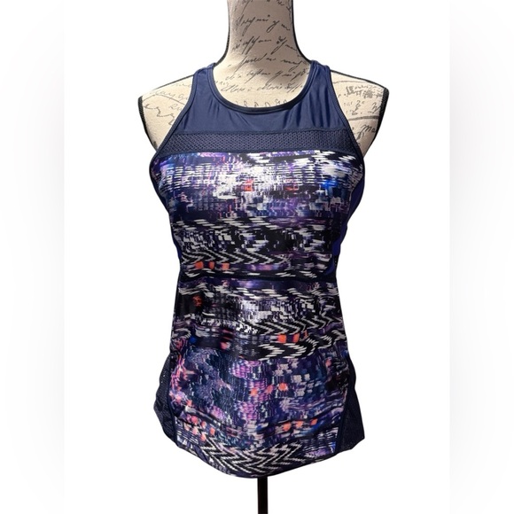 ATHLETA Colorblock Tri-Essentials Tankini Swim Running Top navy Blue Size Large - Picture 2 of 13